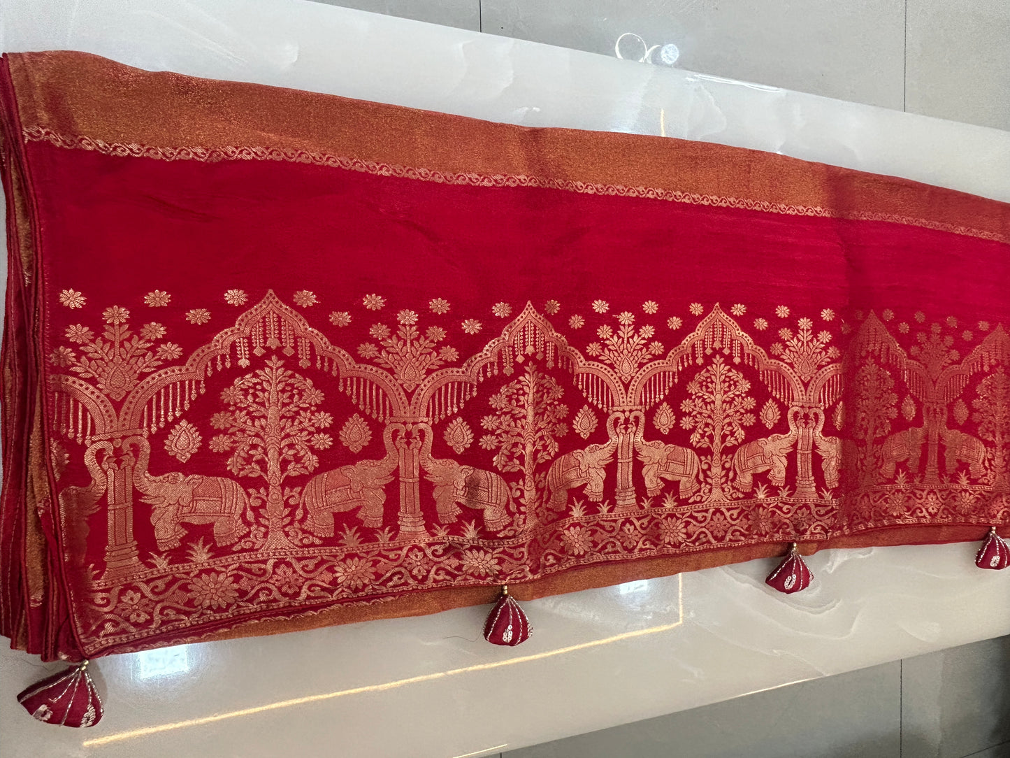Red and Orange Semi Silk brocade Saree with Heavy handwork designer ready made blouse  - SPW174