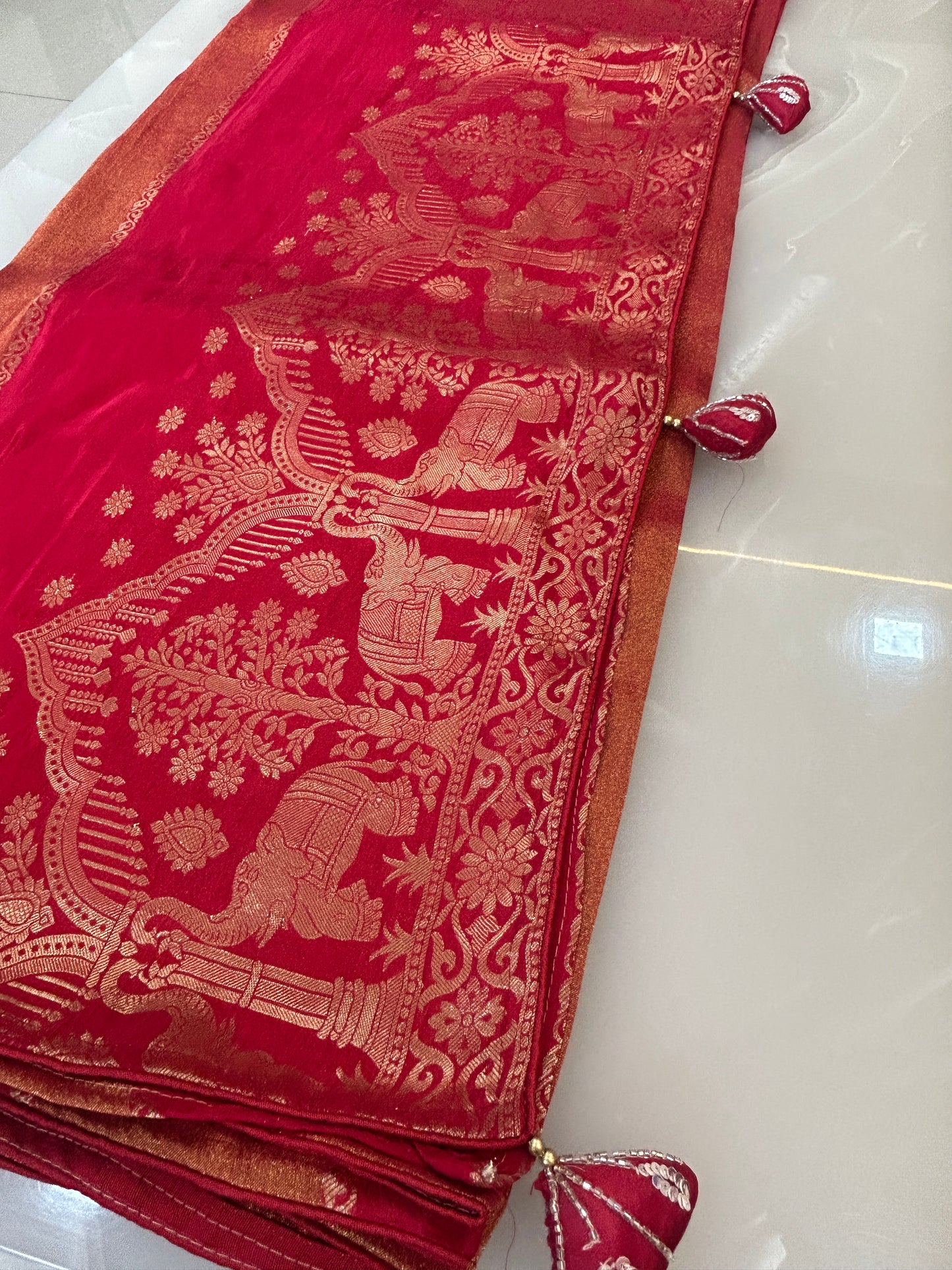 Red and Orange Semi Silk brocade Saree with Heavy handwork designer ready made blouse  - SPW174