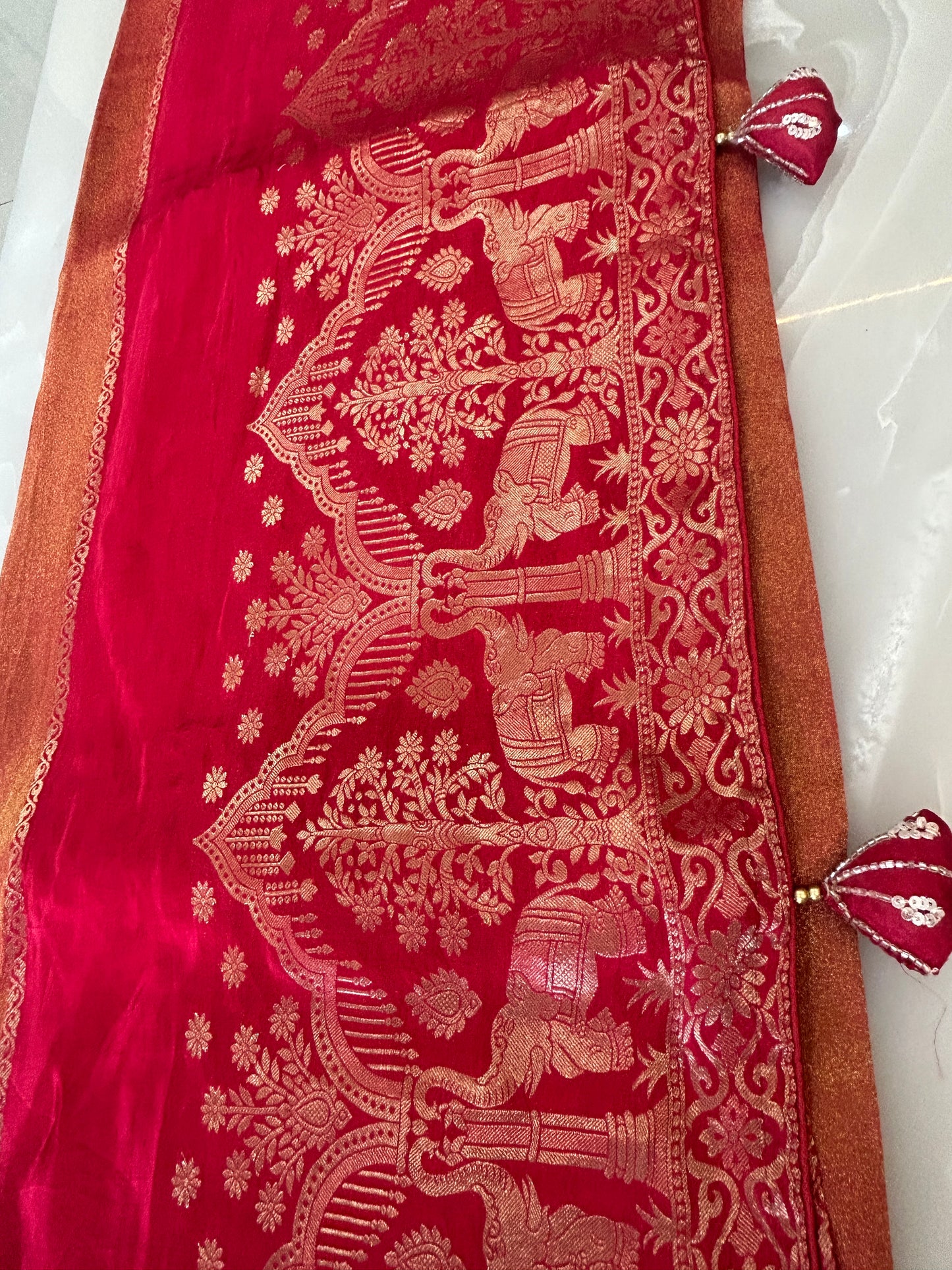 Red and Orange Semi Silk brocade Saree with Heavy handwork designer ready made blouse  - SPW174