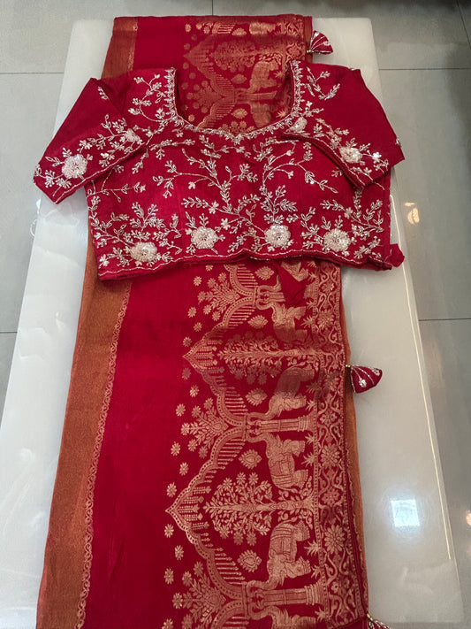 Red and Orange Semi Silk brocade Saree with Heavy handwork designer ready made blouse  - SPW174