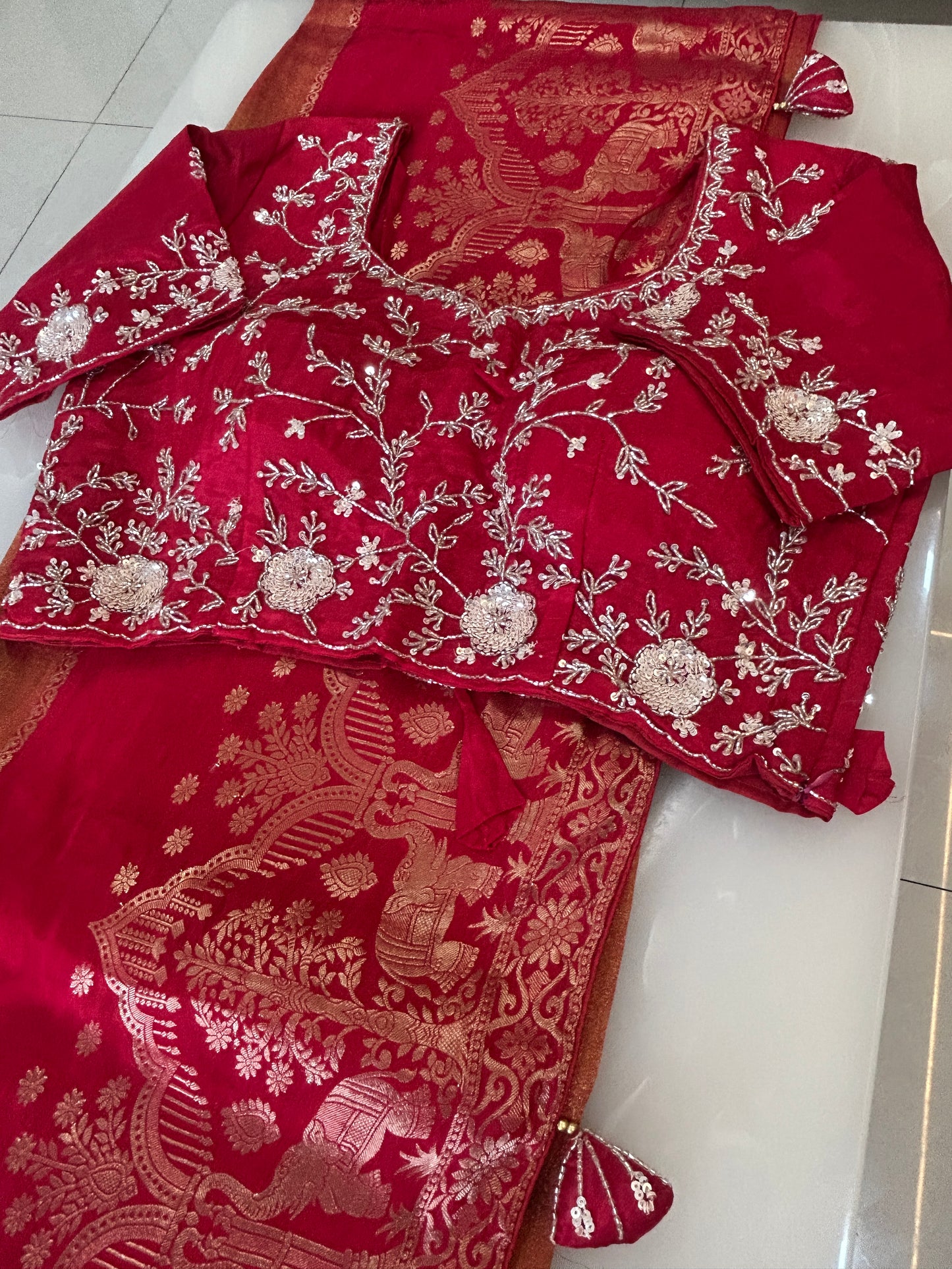 Red and Orange Semi Silk brocade Saree with Heavy handwork designer ready made blouse  - SPW174