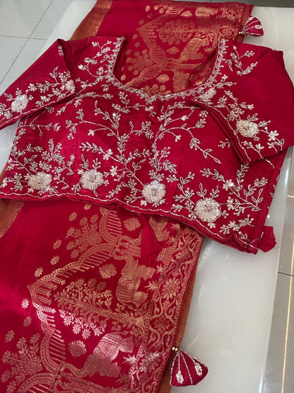 Red and Orange Semi Silk brocade Saree with Heavy handwork designer ready made blouse  - SPW174