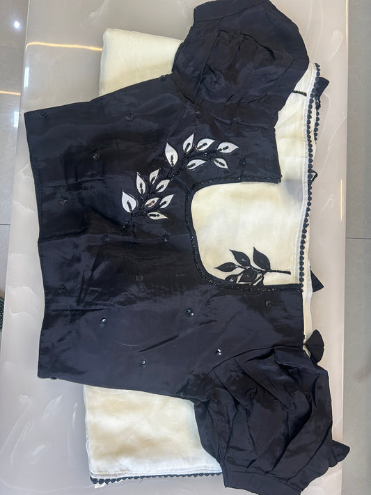 Black and white  designer party wear Saree with designer ready made blouse  - SPW175