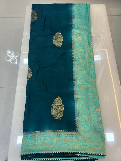 Deep Teal and Sea Green Semi Silk brocade   designer party wear Saree with  Sea Green color heavy handwork designer ready made blouse  - SPW176