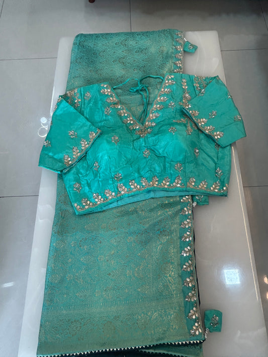 Deep Teal and Sea Green Semi Silk brocade   designer party wear Saree with  Sea Green color heavy handwork designer ready made blouse  - SPW176