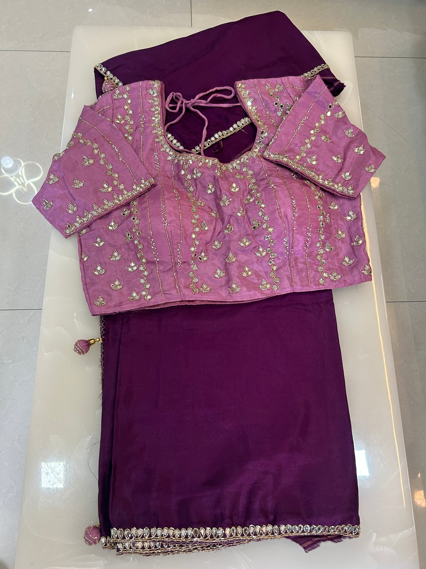 Deep wine  designer party wear Saree with Lilac heavy handwork designer ready made blouse  - SPW177