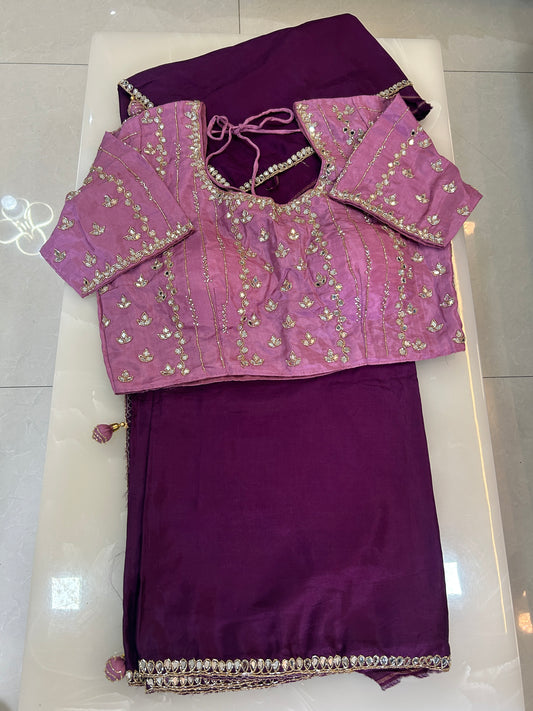 Deep wine  designer party wear Saree with Lilac heavy handwork designer ready made blouse  - SPW177