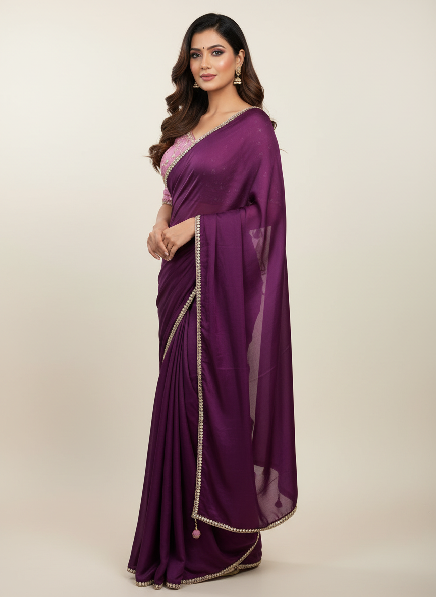 Deep wine  designer party wear Saree with Lilac heavy handwork designer ready made blouse  - SPW177