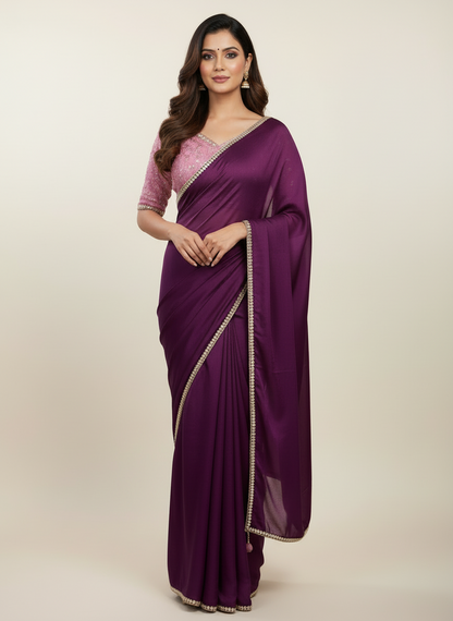 Deep wine  designer party wear Saree with Lilac heavy handwork designer ready made blouse  - SPW177