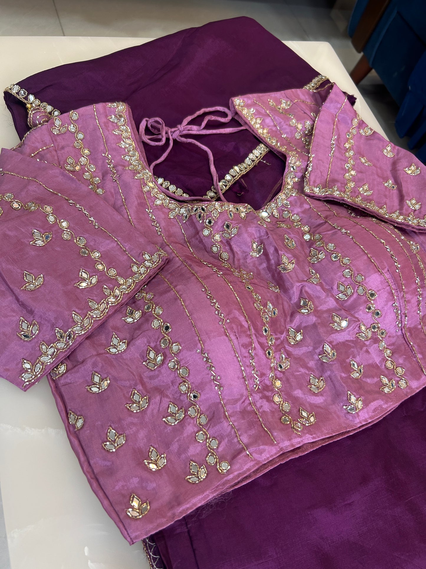 Deep wine  designer party wear Saree with Lilac heavy handwork designer ready made blouse  - SPW177