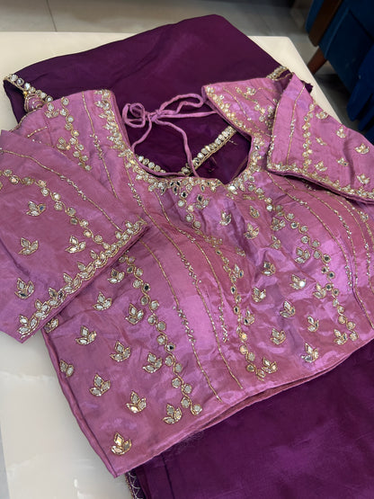 Deep wine  designer party wear Saree with Lilac heavy handwork designer ready made blouse  - SPW177