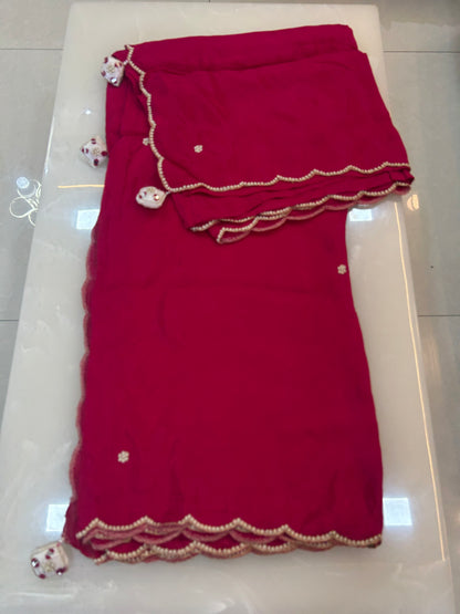Rani Pink designer party wear Saree with  White heavy handwork designer ready made blouse  - SPW178