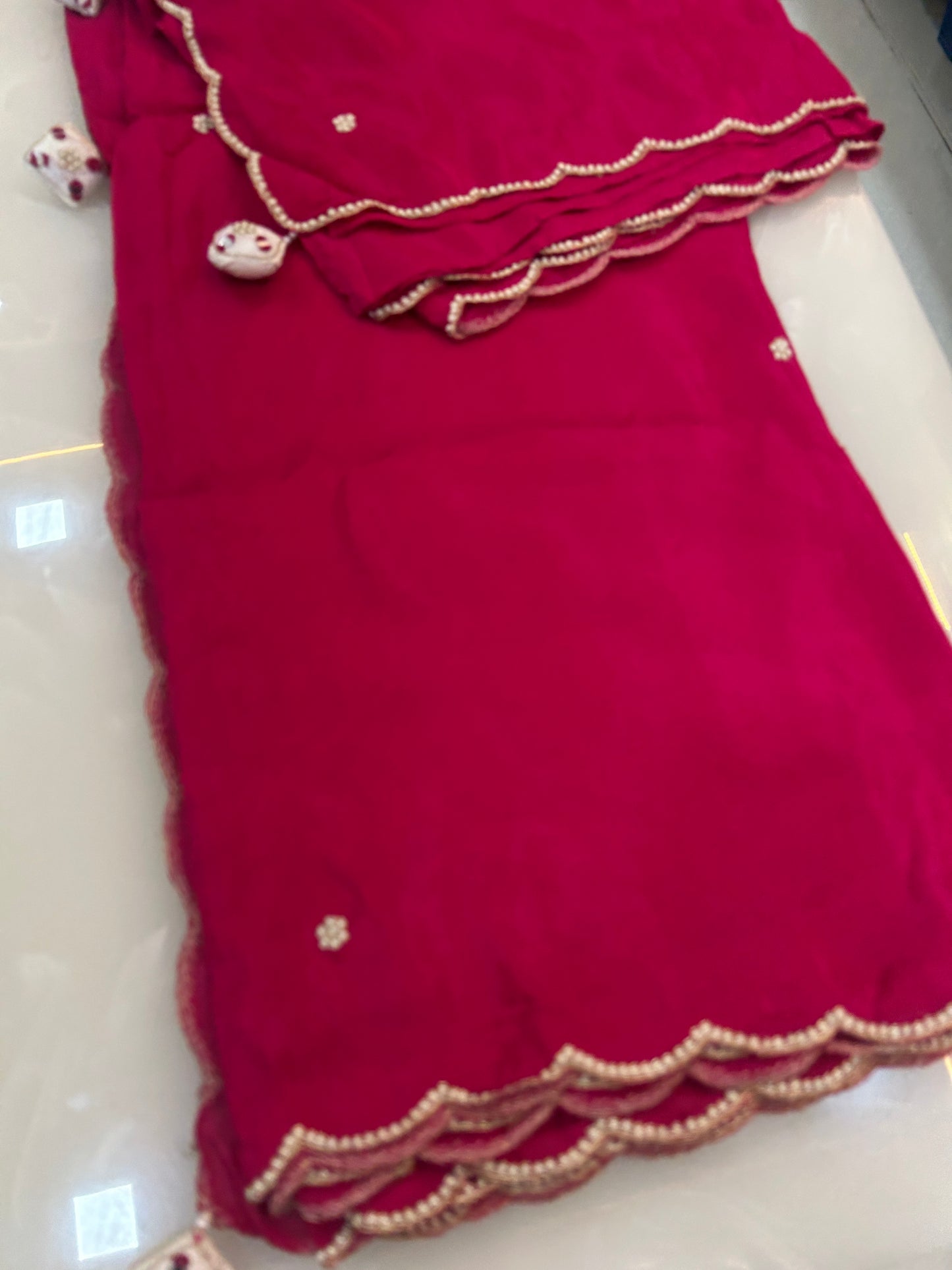 Rani Pink designer party wear Saree with  White heavy handwork designer ready made blouse  - SPW178