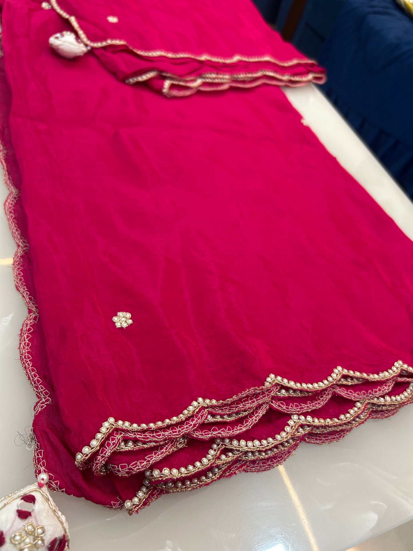 Rani Pink designer party wear Saree with  White heavy handwork designer ready made blouse  - SPW178
