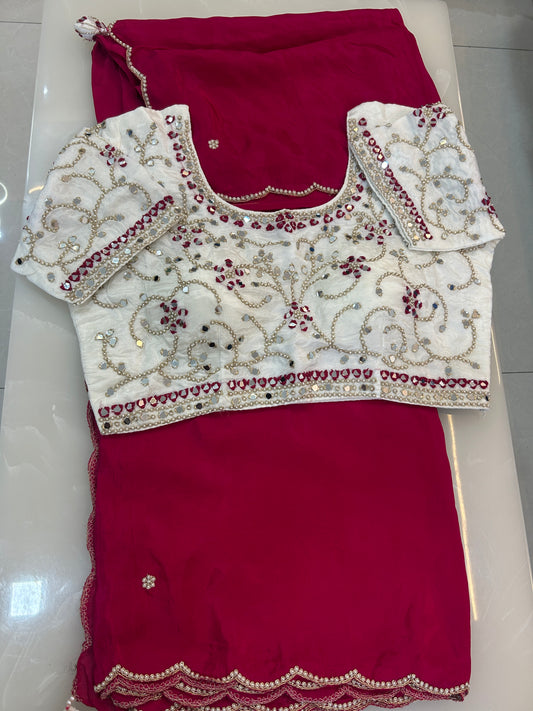 Rani Pink designer party wear Saree with  White heavy handwork designer ready made blouse  - SPW178