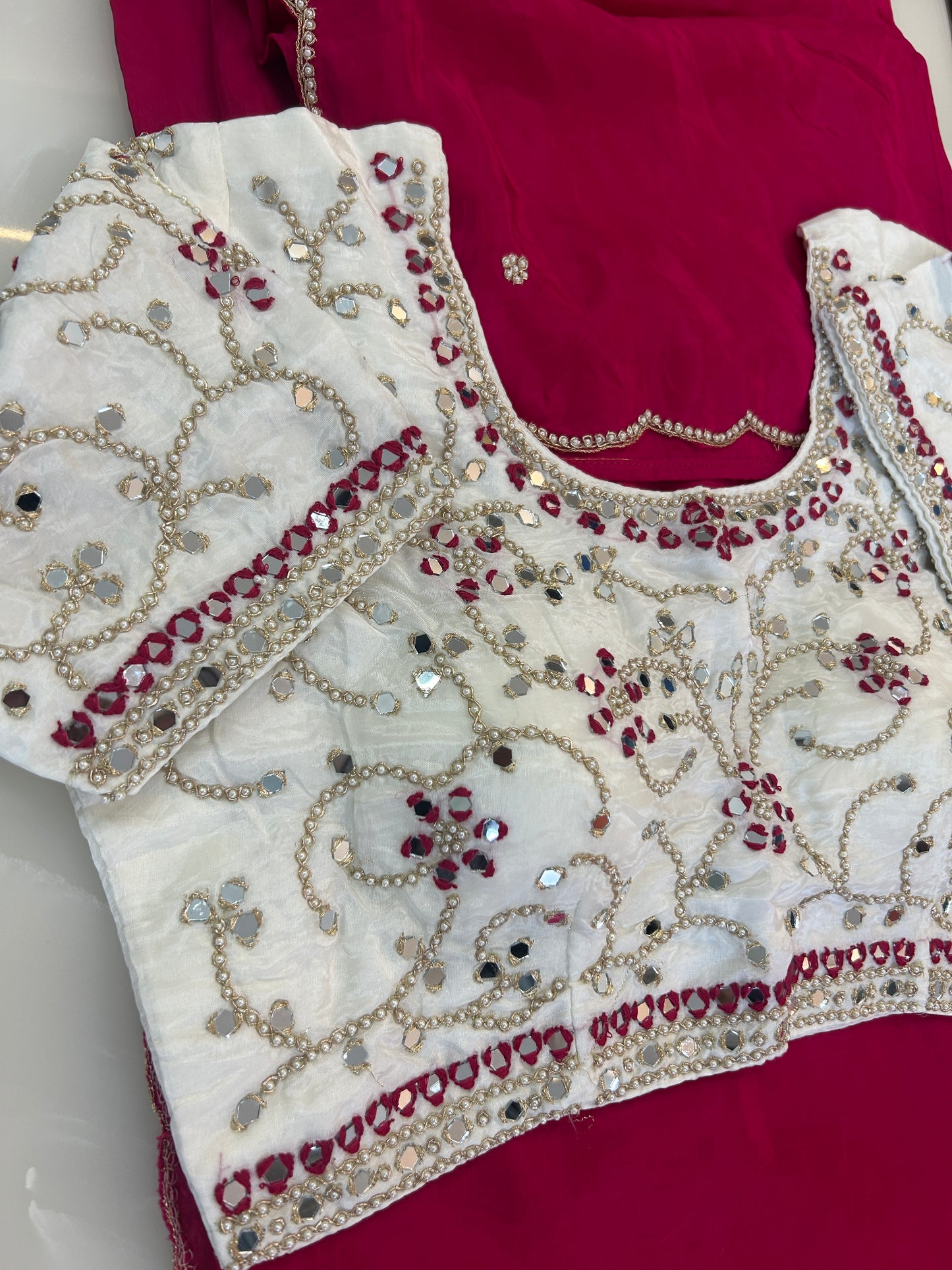 Rani Pink designer party wear Saree with  White heavy handwork designer ready made blouse  - SPW178