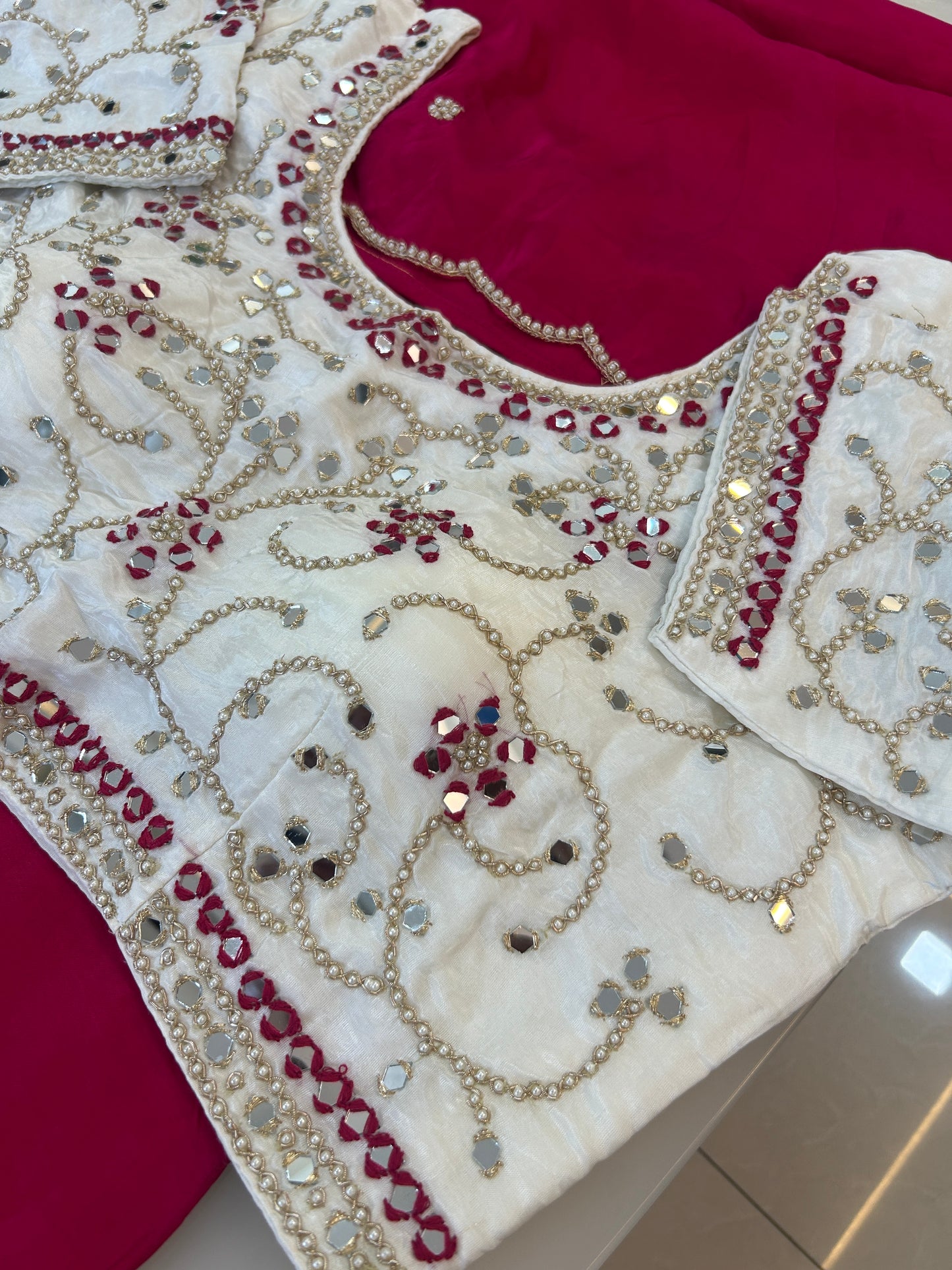Rani Pink designer party wear Saree with  White heavy handwork designer ready made blouse  - SPW178