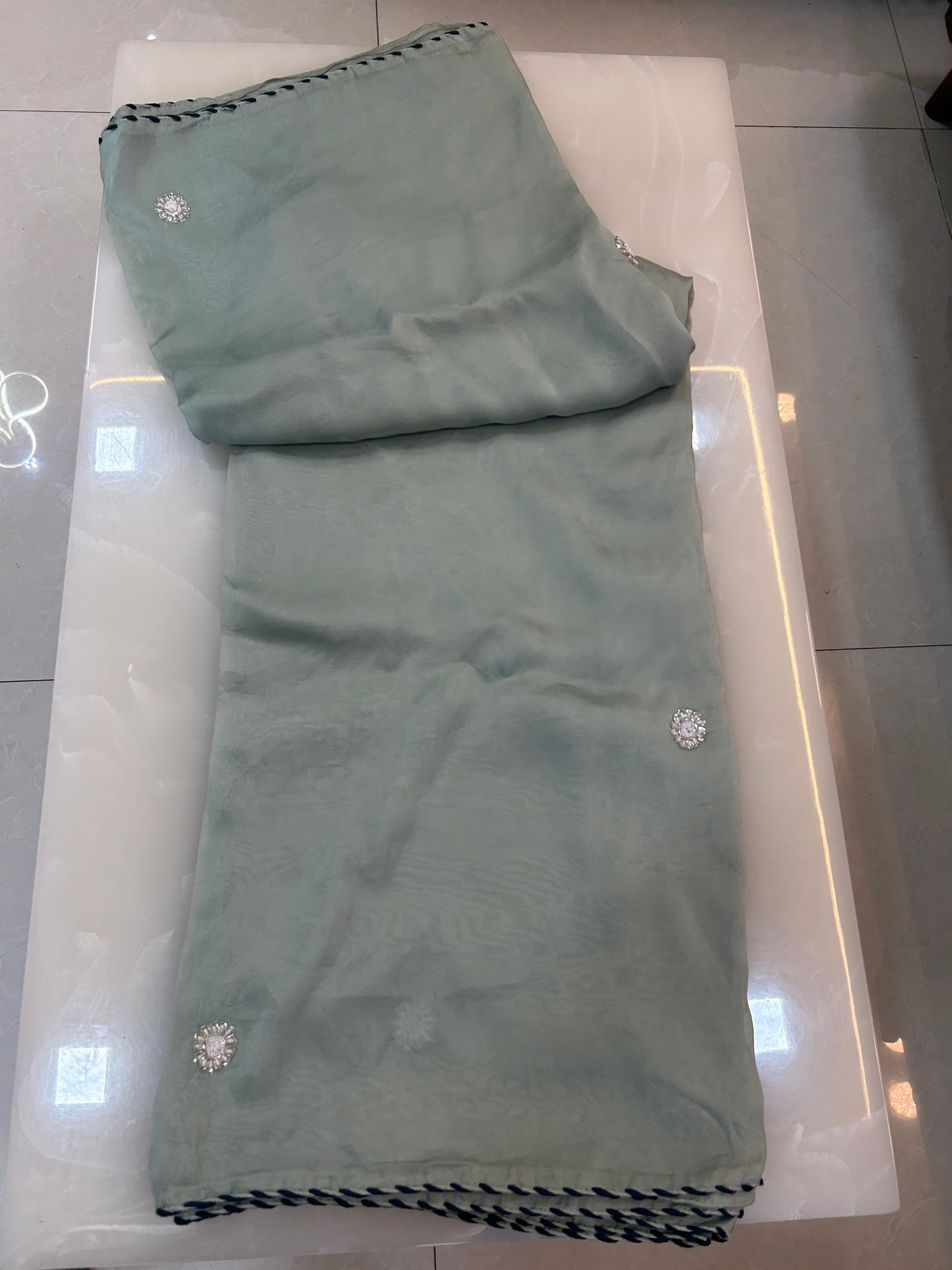 Soft Pastel mint green designer party wear Saree with  Dark green heavy handwork designer ready made blouse  - SPW179
