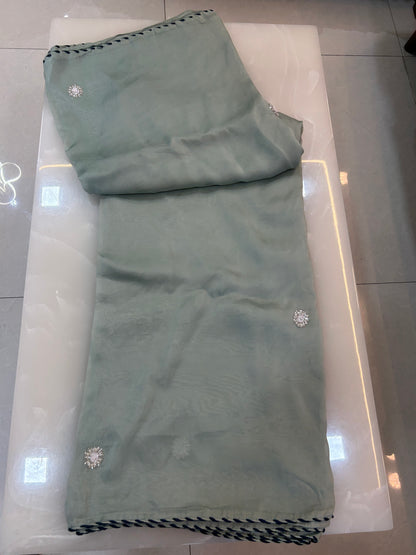 Soft Pastel mint green designer party wear Saree with  Dark green heavy handwork designer ready made blouse  - SPW179
