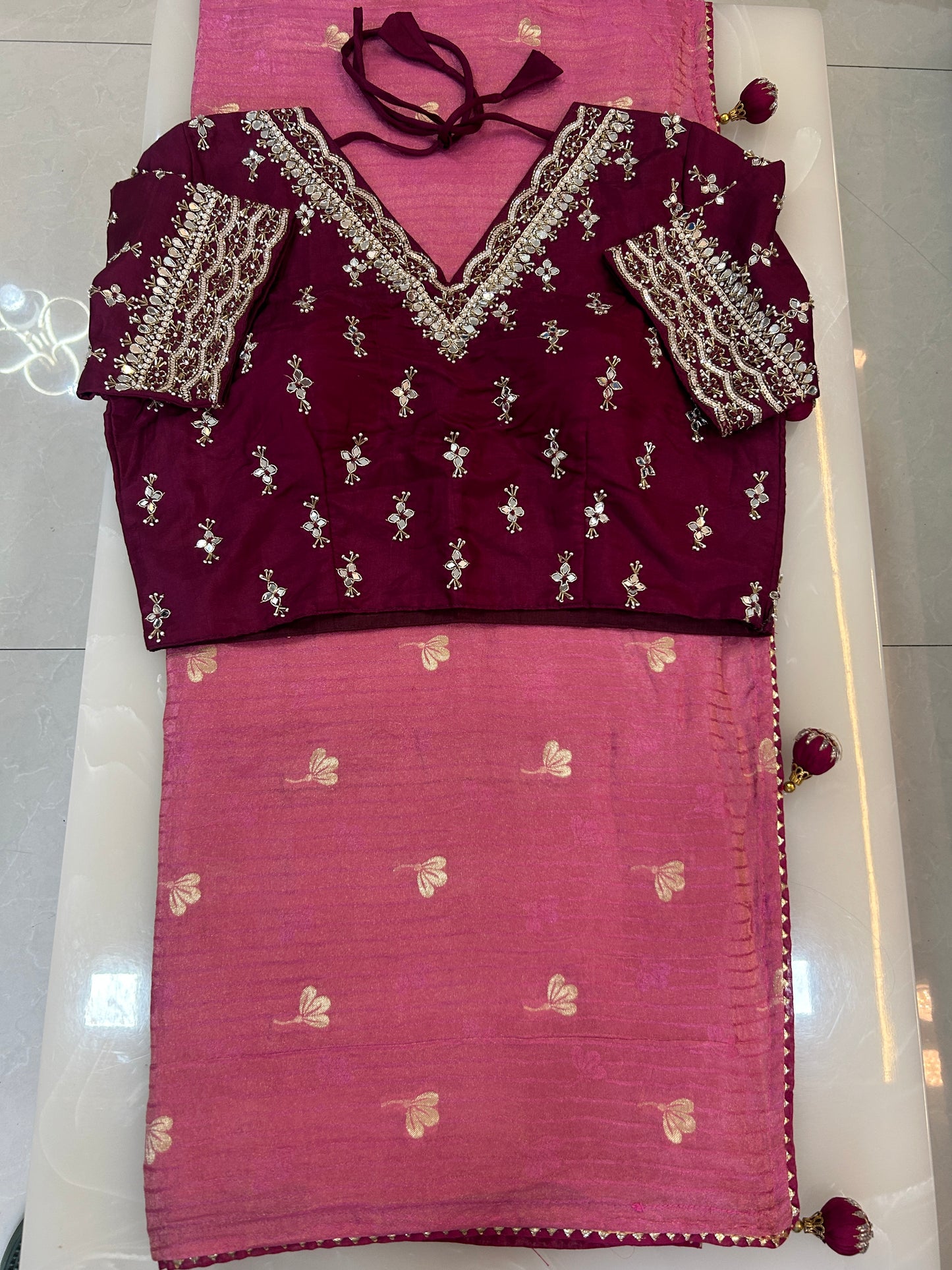 Pinkish Peach color designer party wear Saree with  Dark Maroon heavy handwork designer ready made blouse  - SPW180