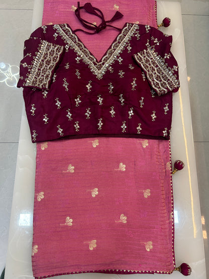 Pinkish Peach color designer party wear Saree with  Dark Maroon heavy handwork designer ready made blouse  - SPW180