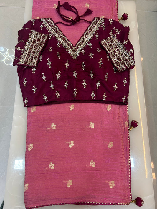 Pinkish Peach color designer party wear Saree with  Dark Maroon heavy handwork designer ready made blouse  - SPW180