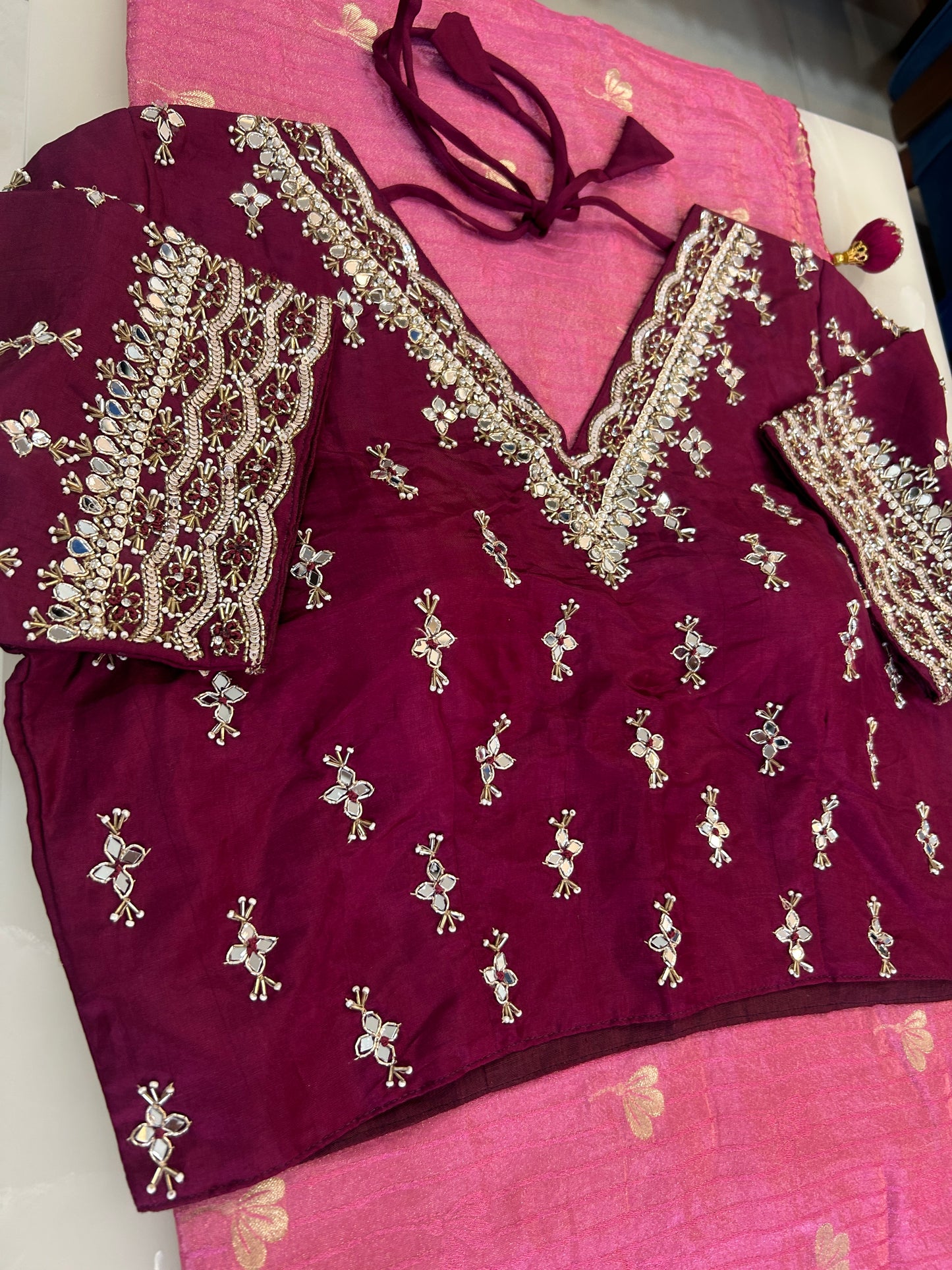 Pinkish Peach color designer party wear Saree with  Dark Maroon heavy handwork designer ready made blouse  - SPW180