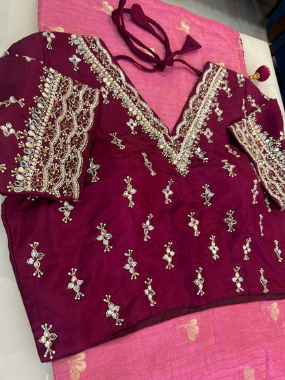Pinkish Peach color designer party wear Saree with  Dark Maroon heavy handwork designer ready made blouse  - SPW180
