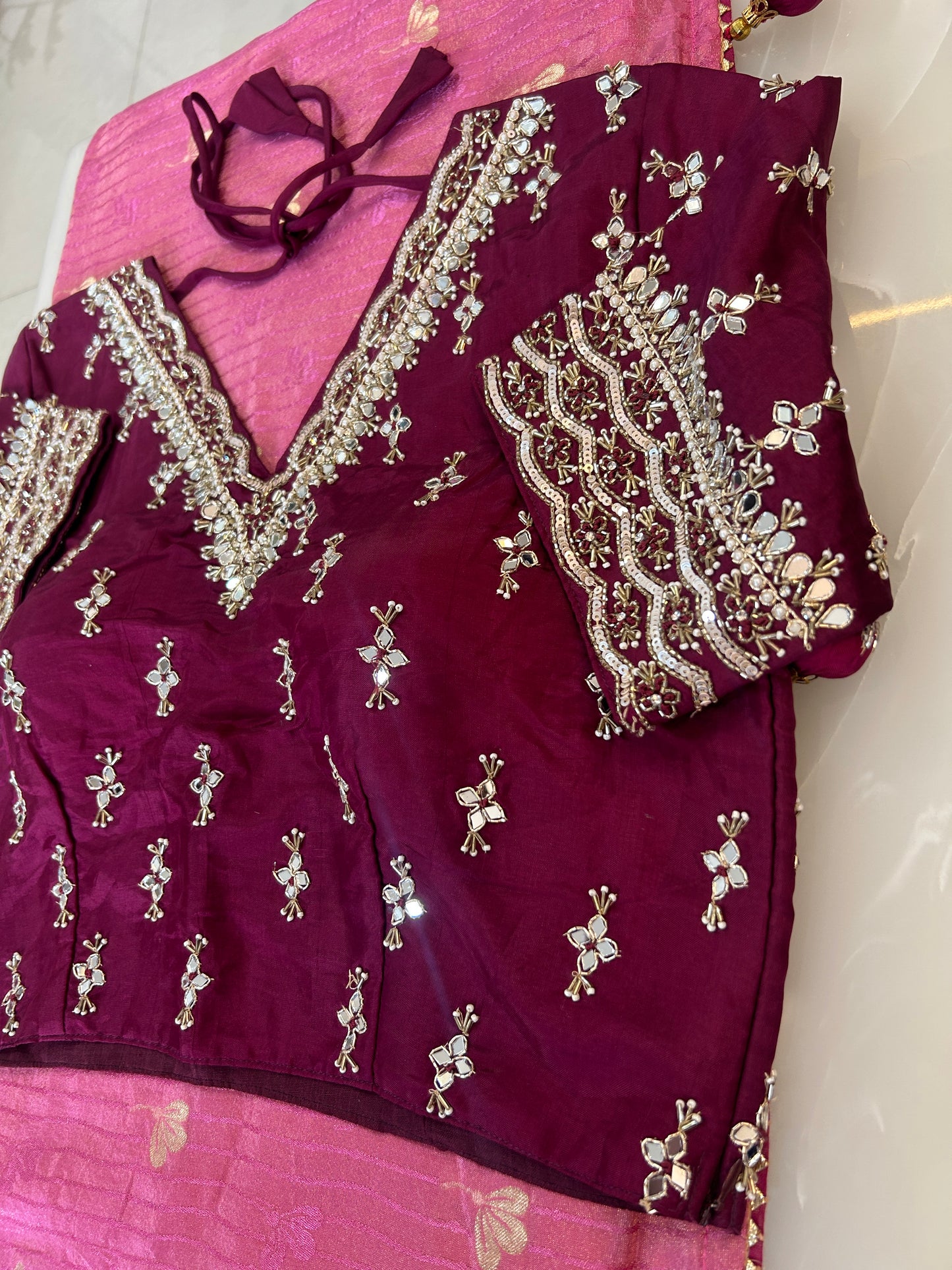 Pinkish Peach color designer party wear Saree with  Dark Maroon heavy handwork designer ready made blouse  - SPW180