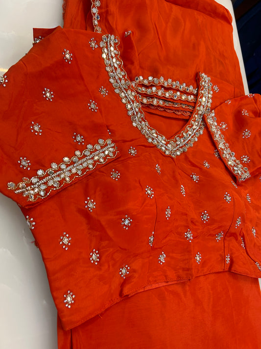 Bright Orange color designer party wear Saree with  Orange color  heavy handwork designer ready made blouse  - SPW181