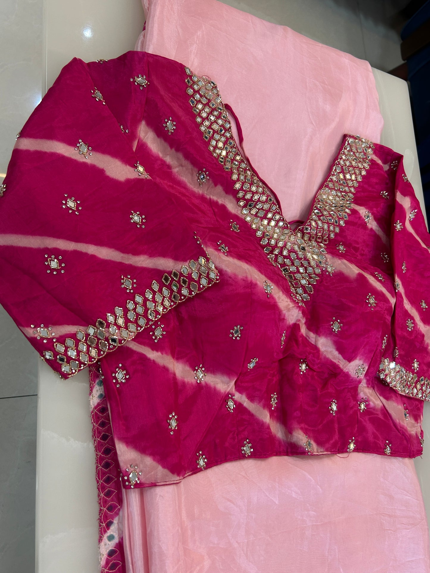 Baby Pink  color designer party wear Saree with  Dark pink heavy handwork designer ready made blouse  - SPW182