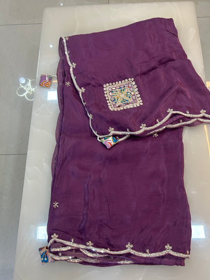 Dusty purple  color designer party wear Saree with Floral multi color handwork designer ready made blouse  - SPW184