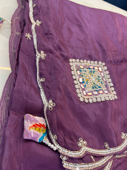 Dusty purple  color designer party wear Saree with Floral multi color handwork designer ready made blouse  - SPW184