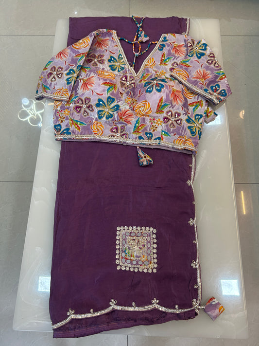 Dusty purple  color designer party wear Saree with Floral multi color handwork designer ready made blouse  - SPW184