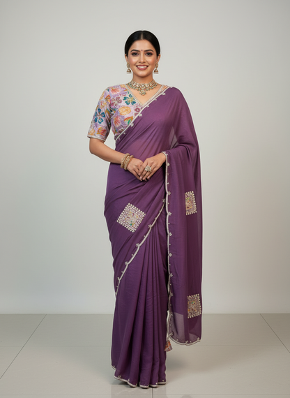 Dusty purple  color designer party wear Saree with Floral multi color handwork designer ready made blouse  - SPW184
