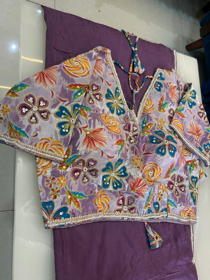 Dusty purple  color designer party wear Saree with Floral multi color handwork designer ready made blouse  - SPW184