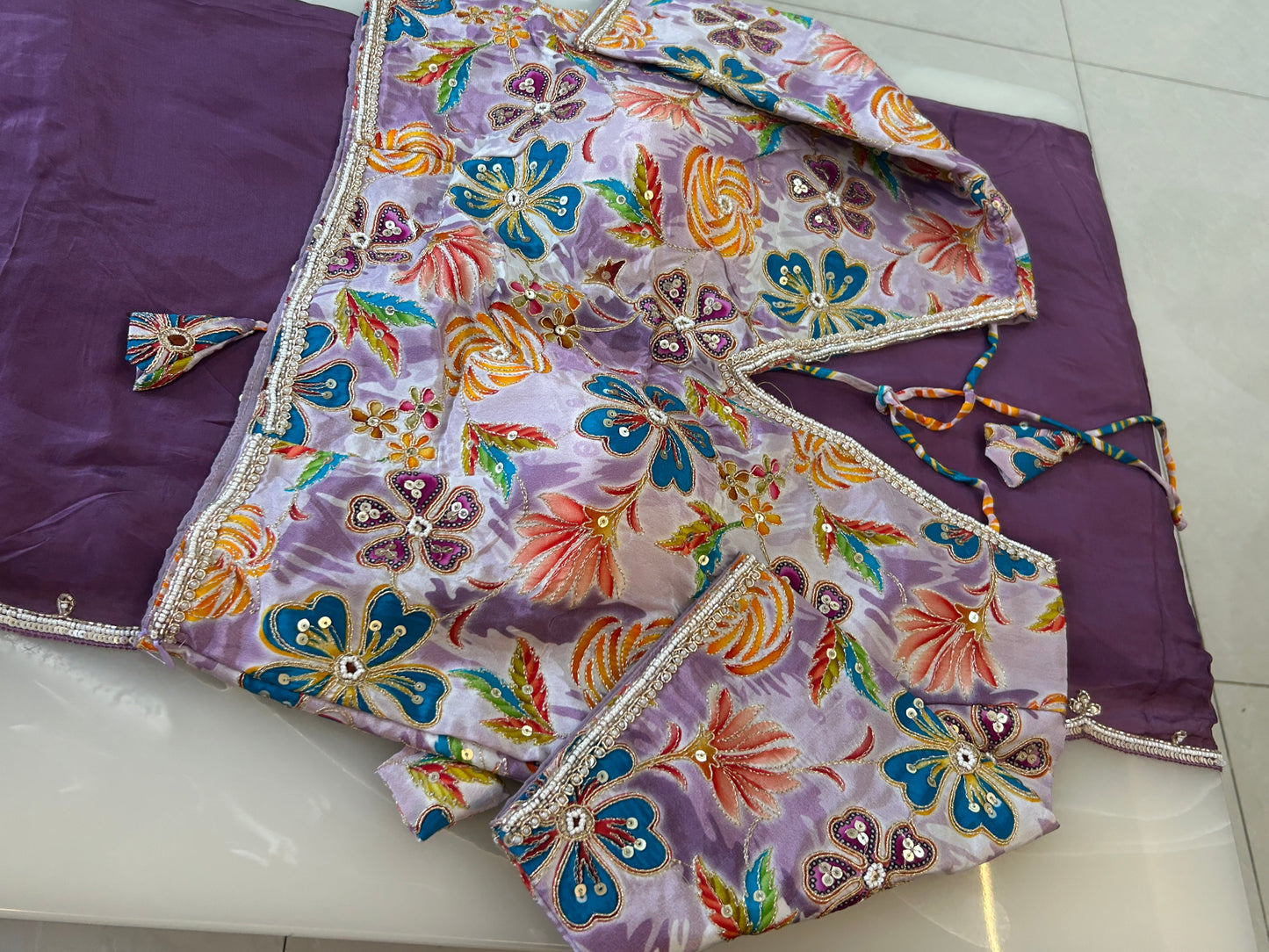 Dusty purple  color designer party wear Saree with Floral multi color handwork designer ready made blouse  - SPW184