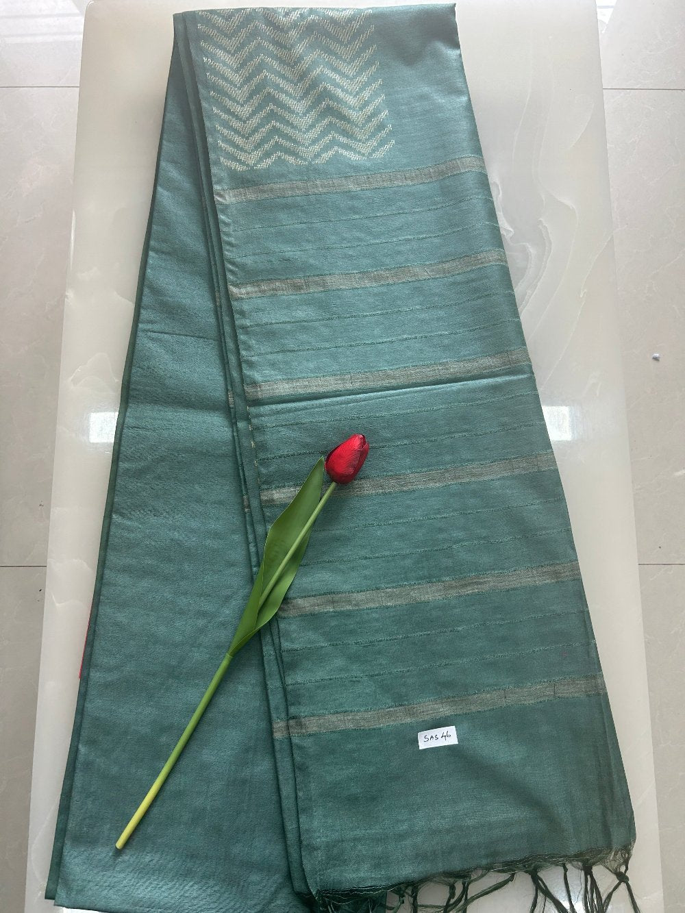 Pastel green Zig Zag Zari buty  weaving Art  Tusser Saree SAS46