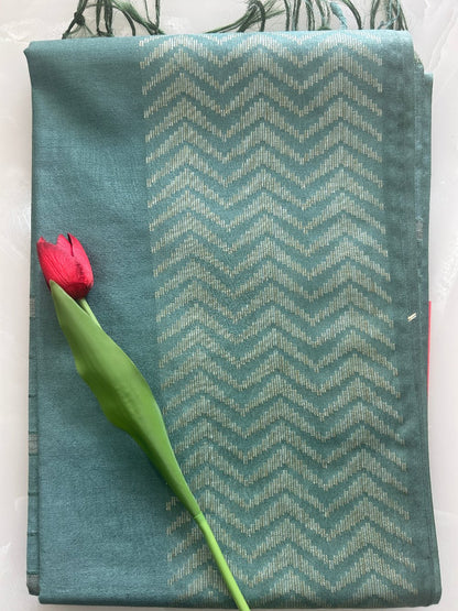 Pastel green Zig Zag Zari buty  weaving Art  Tusser Saree SAS46