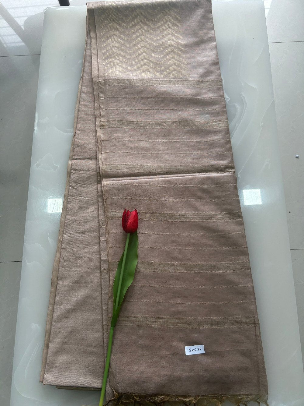 Beige Zig Zag Zari butti  weaving Art  Tusser Saree SAS50