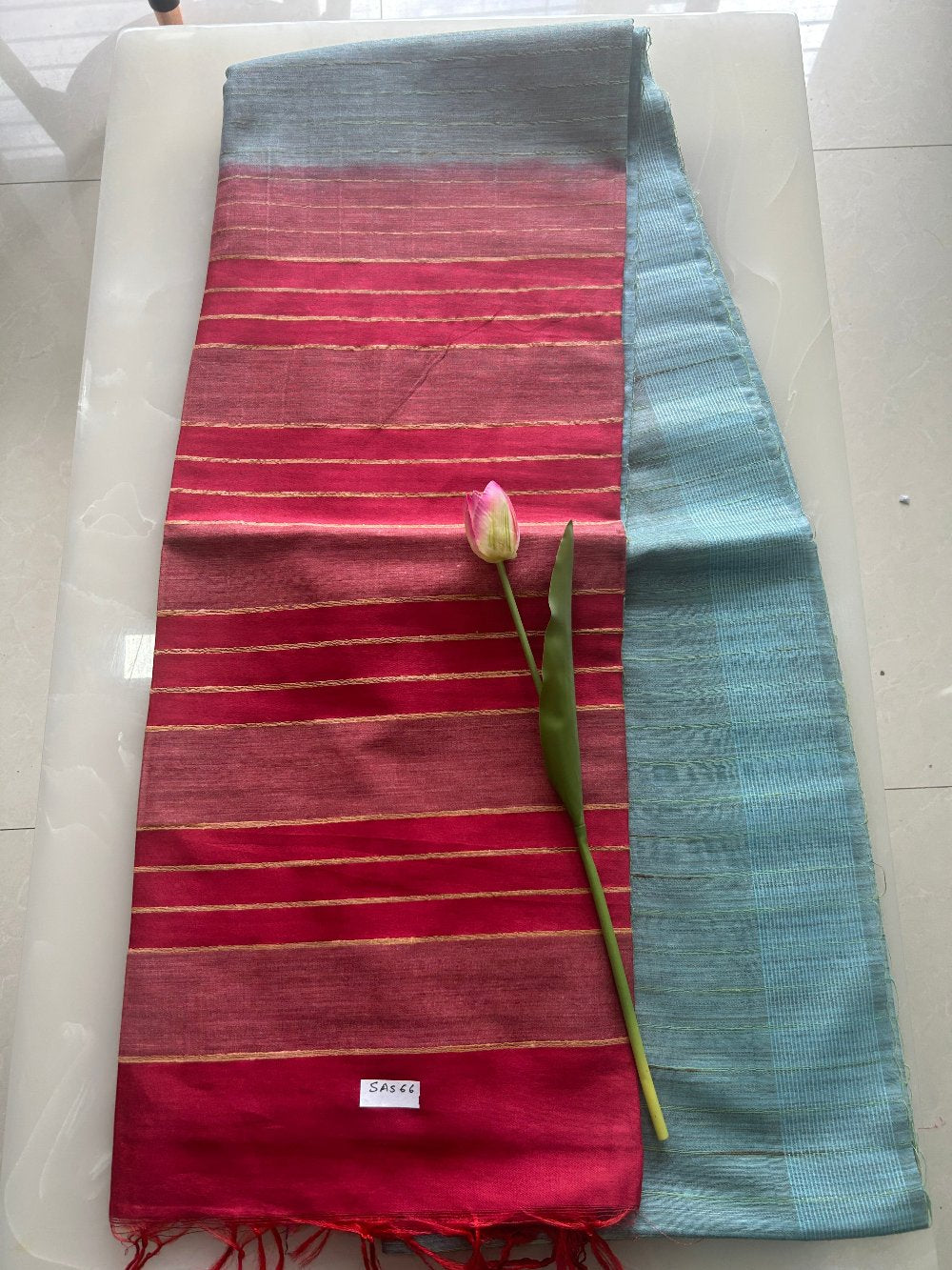 Light blue and red shaded Art tusser silk saree SAS66