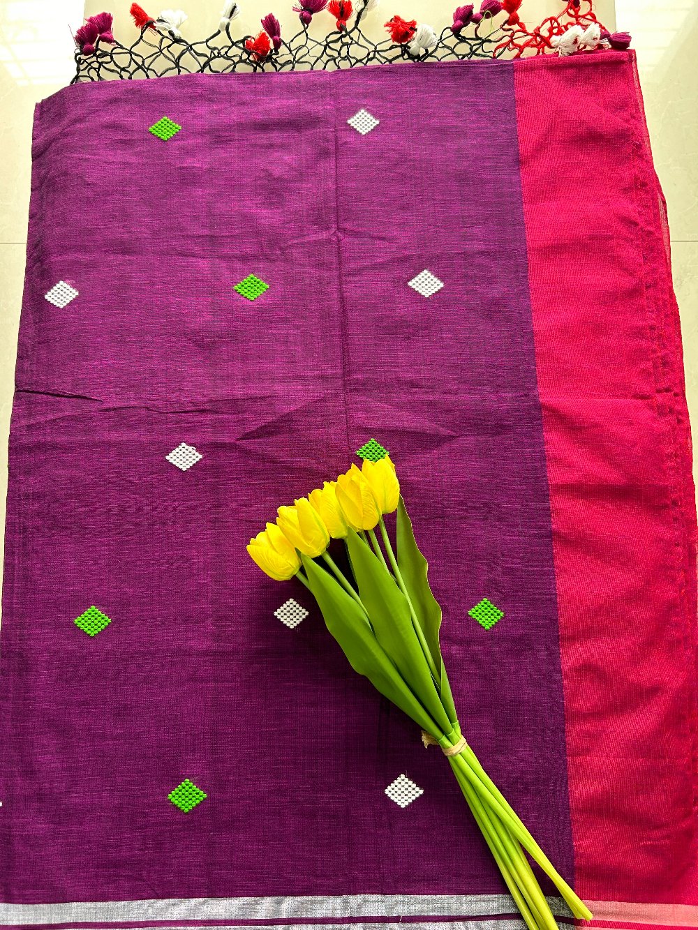 Purple Red Khadi cotton all over thread butta  Pure Handloom Saree with Blouse piece SKC13