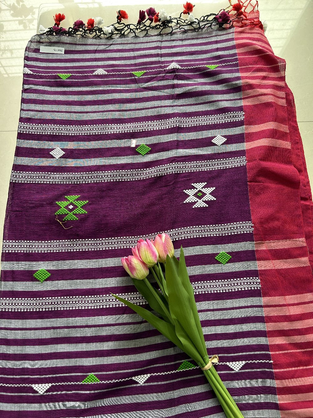 Purple Red Khadi cotton all over thread butta  Pure Handloom Saree with Blouse piece SKC13