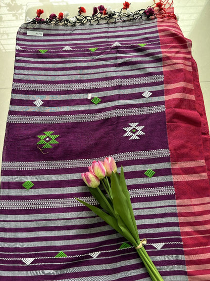 Purple Red Khadi cotton all over thread butta  Pure Handloom Saree with Blouse piece SKC13