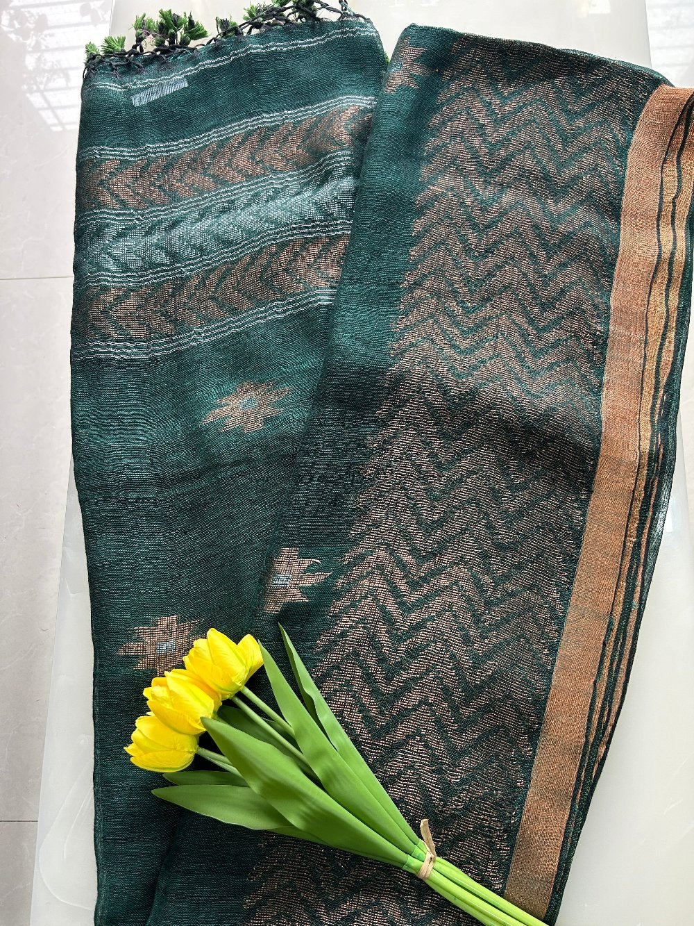 Dark Green Linen Ikat Weave border Pure Handloom Saree with Blouse Piece SLN34