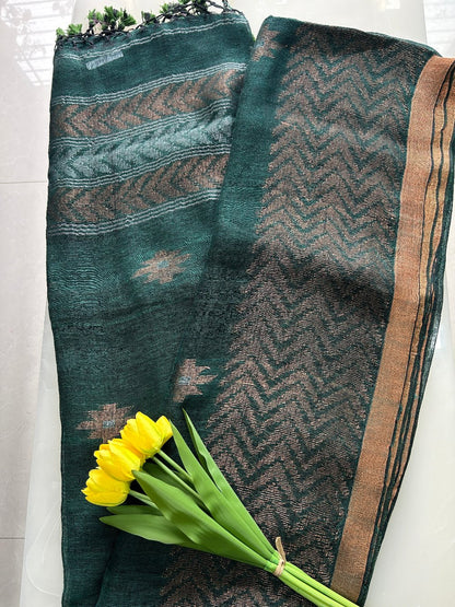 Dark Green Linen Ikat Weave border Pure Handloom Saree with Blouse Piece SLN34