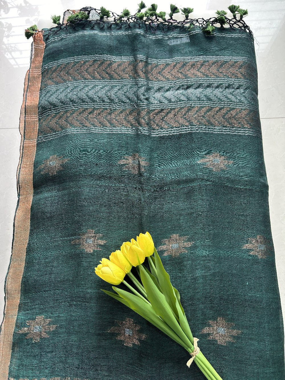 Dark Green Linen Ikat Weave border Pure Handloom Saree with Blouse Piece SLN34