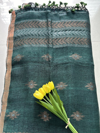 Dark Green Linen Ikat Weave border Pure Handloom Saree with Blouse Piece SLN34