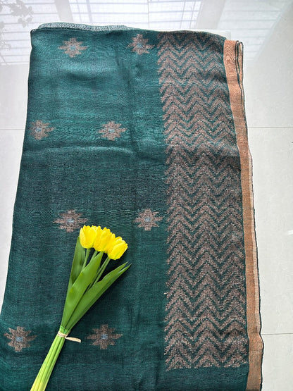 Dark Green Linen Ikat Weave border Pure Handloom Saree with Blouse Piece SLN34