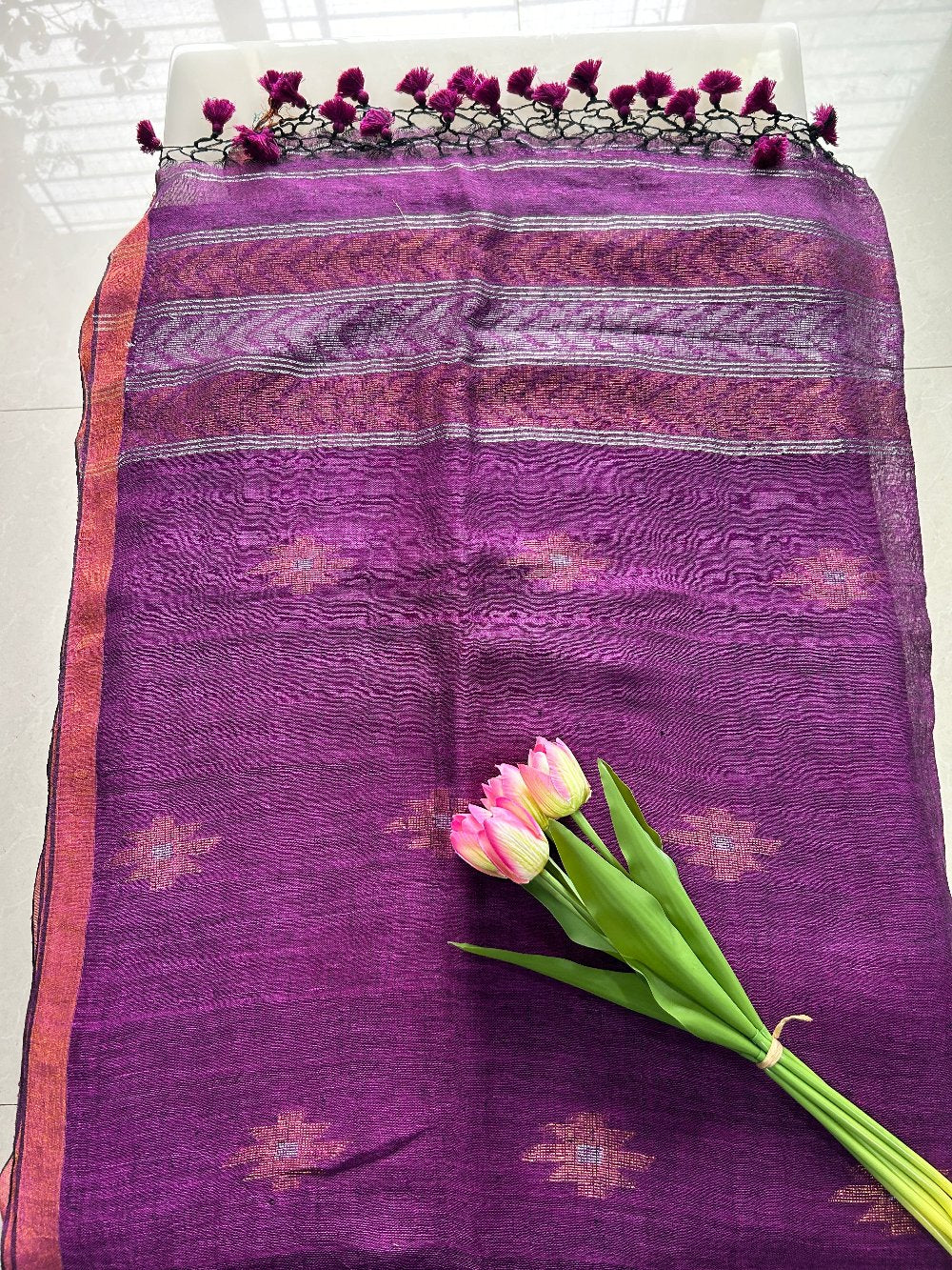 Purple Linen Ikat  Weave border Pure Handloom Saree with Blouse Piece SLN35